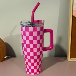 Pink Checkered Tumbler with Straw